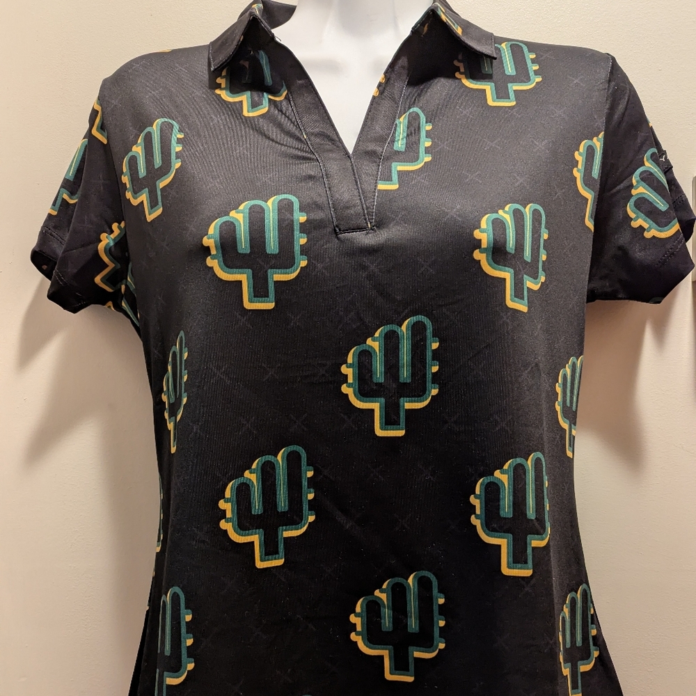 Yatta Golf women's XS black cactus print short sleeve polo shirt NWT